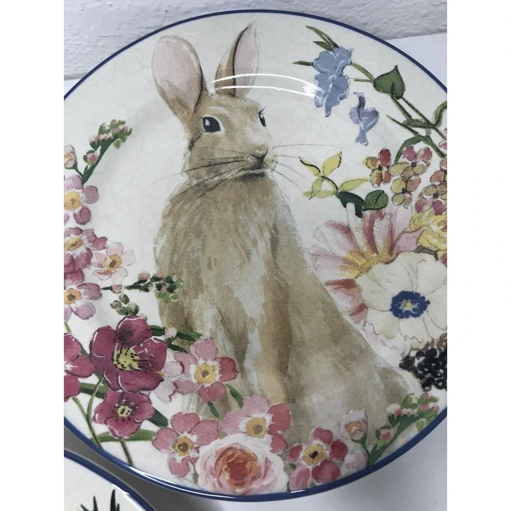 Set of 4 POTTERY BARN Spring/ Floral/Easter Bunny Stoneware 8.25